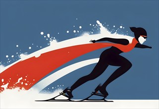 Ice speed skater illustration, depicted as a minimalist silhouette in motion in contrasting vibrant