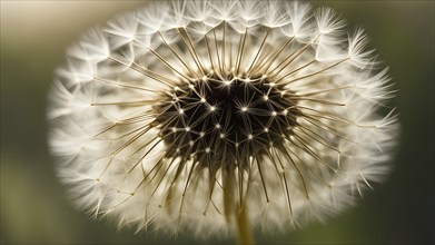 Macro shot of a dandelion (Taraxacum officinale), focusing on the fluffy seed head and fine