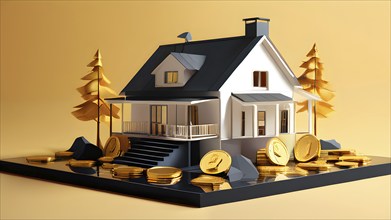 Minimalist render of a residential house with money scattered around as symbol of of investment