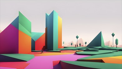 Abstract minimalist geometric illustration embodying sustainability in vibrant colors, AI generated