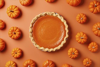 Whole small pumpkin pie on orangebackground surrounded by pumpkins. Generative Ai, AI generated