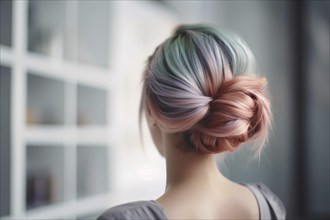 Back view of woman with pastel hair in elegant updo. KI generiert, generiert AI generated