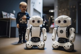 Two artificial intelligence androids with child. KI generiert, generiert AI generated