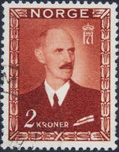 Haakon VII, 1872, 1957, King of Norway 1905 -1957. Portrait on Norwegian postage stamp