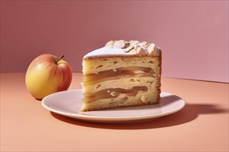 Slice of layered apple pie on plate. KI generiert, generiert AI generated