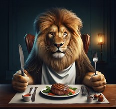 A male lion, a maned lion, sits hungrily with knife and fork in front of a steak, AI generated, AI