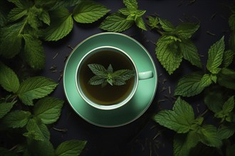 Top view of cup of mint tea. KI generiert, generiert AI generated