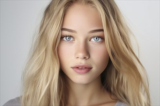 Portrait of young woman or teenager gilr with long blind hair and blue eyes. KI generiert,