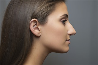 Side view of young woman with bumpy aquiline nose in front of gray background. KI generiert,