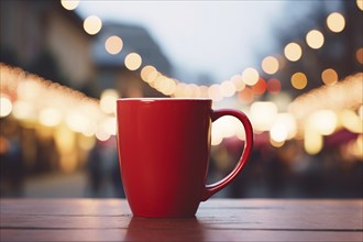 Red mug for mulled wine on wooden table with blurry Christmas market scene in background. KI