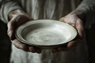 Person's hand holding empty plate. KI generiert, generiert, AI generated