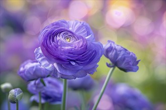 Purple Ranunculus flowers on blurry background. KI generiert, generiert, AI generated