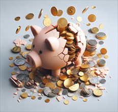 A piggy bank breaks and scatters coins. Symbol photo saving, saver, money, finance, monetary