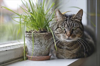 Cat with potted grass 'Cyperus Zumula' used for cats to help them throw up hair balls. KI