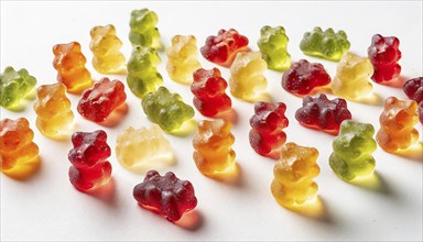 Rows of gummy bears in primary colours on a smooth background, AI generated, AI generated