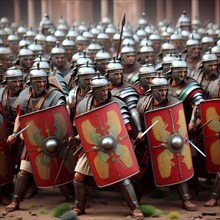 Roman legionaries stand in a cohort with shield, helmet and armour, symbolic image Roman Empire,