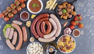 Food, dishes, different types of sausage on a table, AI generated, AI generated