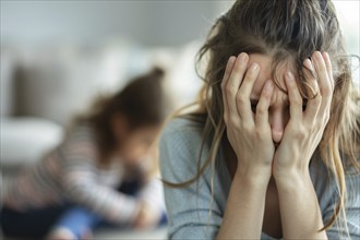 Stressed and frustrated young mother hiding face in hands with toddler child in blurry background.