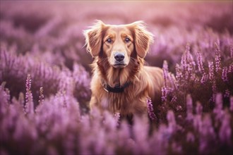 Dog in field of purple heather flowers in late summer. KI generiert, generiert, AI generated