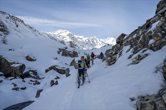 Ski tourers in Val Martello, snow-covered mountain landscape, Monte Cevedale mountain peak in the