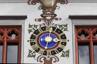 Historic clock on the late Gothic town hall, painted clock face, Bad forest lake, Upper Swabia,