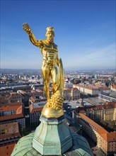 New Town Hall with Town Hall Tower and Golden Man with Cornucopia by Richard Guhr, aerial view,