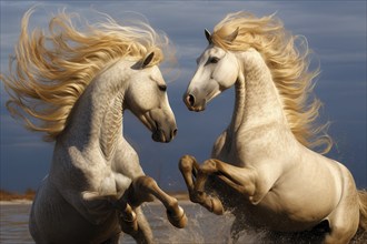 Two white horse stallions with flamboyant mane flighting in the water, AI generated