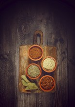 Georgian spices, in ceramic bowls, assortment, set of spices, utsho, adjika, Svan salt, ground