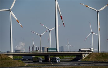 Jackerath motorway junction, A44 and A61 motorways, in the Rhenish lignite mining area, wind farm,