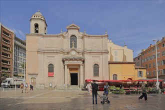 Baroque church Saint-François-de-Paule built in 1744 and market, stalls, people, Francois, Place