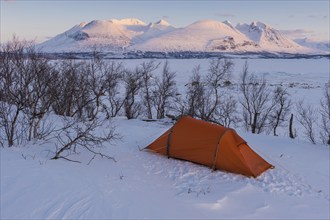 Tent in mountain landscape, Sarek National Park, World Heritage Laponia, Norrbotten, Lapland,