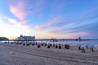 The pier of Sellin, evening mood, sunset, 394 metres long, with restaurant, jetty, beach chairs,