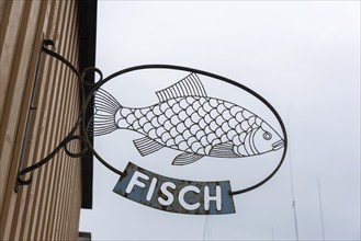 Boom with a fish and the word Fisch (fish), Plau am See, Mecklenburg-Vorpommern, Germany, Europe