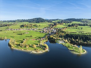 Sports facility and bathing area, lake Rottachsee, village Petersthal, autumn, aerial view,