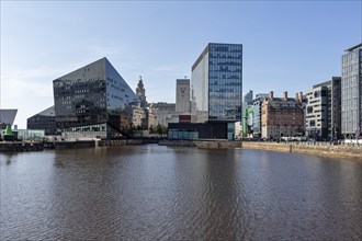 Modern glass architecture reflected in the water under a clear sky, Liverpool