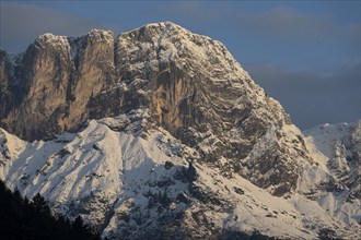 Mountain peak Berchtesgadener Hochthron at sunrise, mountain landscape with snow in autumn,