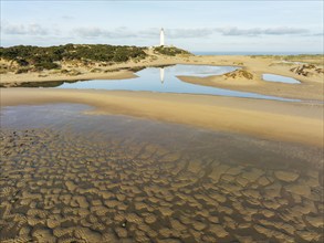 Cape Trafalgar at the Atlantic Ocean at low tide. Aerial view. Drone shot. Costa de la Luz, Cádiz