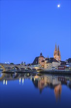 Church and bridge reflected in river, twilight, moon, idyllic, Regensburg Cathedral and stone