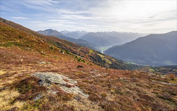 View of the mountain panorama and the Upper Inn Valley in the morning light, Krahberg on the Venet