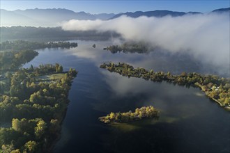 Aerial view of a lake in front of mountains in the morning light, fog, Staffelsee, view of the