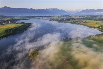 Aerial view of a lake in front of mountains in the morning light, fog, summer, Riegsee, view of