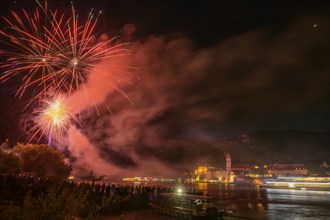 Solstice fireworks with a view of Dürnstein, Rossatz-Arnsdorf, Lower Austria, Austria, Europe