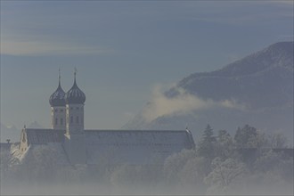 Monastery in the morning light, fog, hoarfrost, winter, Benediktbeuern Monastery, Alpine foothills,