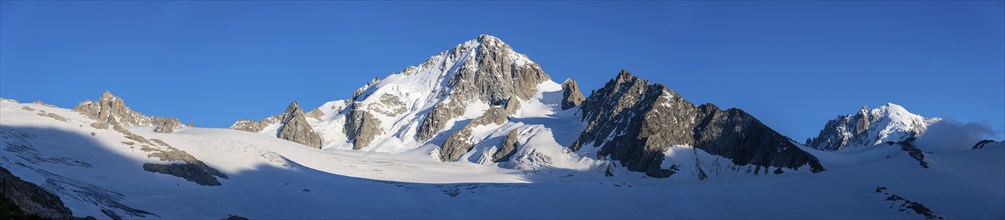 Panorama, High alpine mountain landscape, Summit of the Aiguille de Chardonnet and Glacier du Tour,