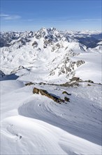 View from the summit of Monte Cevedale, mountain panorama with summit Königsspitze and Ortler,