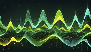 Abstract illustration of digital wave forms and circuits converging to form abstract symbols of