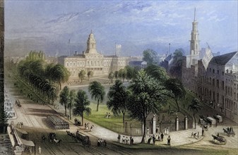 The Park and City Hall New York USA, After a nineteenth-century engraving by S. Lacey after W. H.