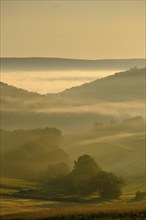 Morning fog over the Werra valley, Weißenborn near Eschwege, Werra-Meißner district, Werra valley,