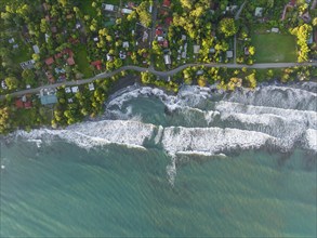 Top-down, aerial view, view of settlement and houses on the coast, Cahuita, Limón, Costa Rica,