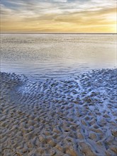 Sand mudflats at low tide, Wadden Sea, evening sky, full format, Utersum, Föhr Island, North